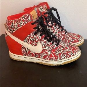 Red and white nike heel sneakers wedge